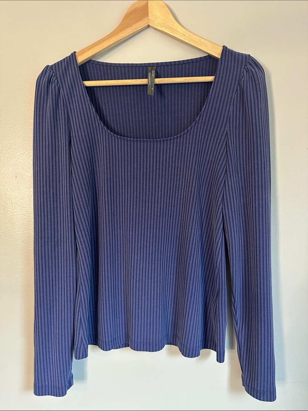 Anthropologie Periwinkle Blue Rib Knit Deep Scoop Neck Puff Sleeve Shirt, Medium